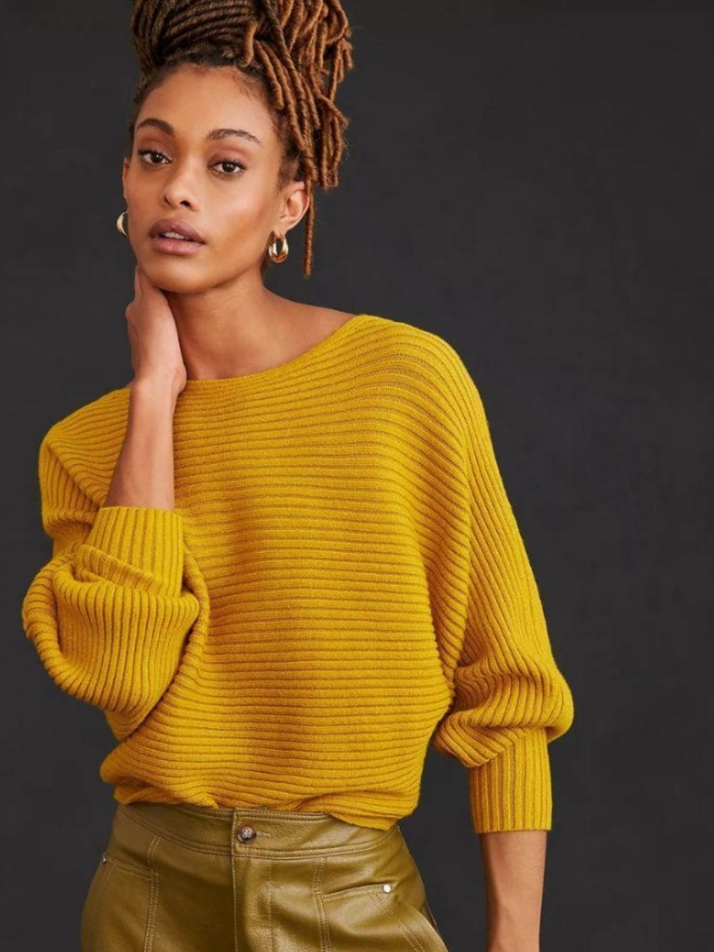 by ANTHROPOLOGIE Sweater Pullover Jumper Cropped Ribbed Mustard Yellow Dolman S